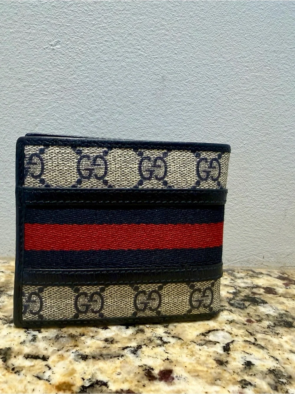 Gucci Beige GG Canvas Wallet with Navy & Red Stripe and Silver GG